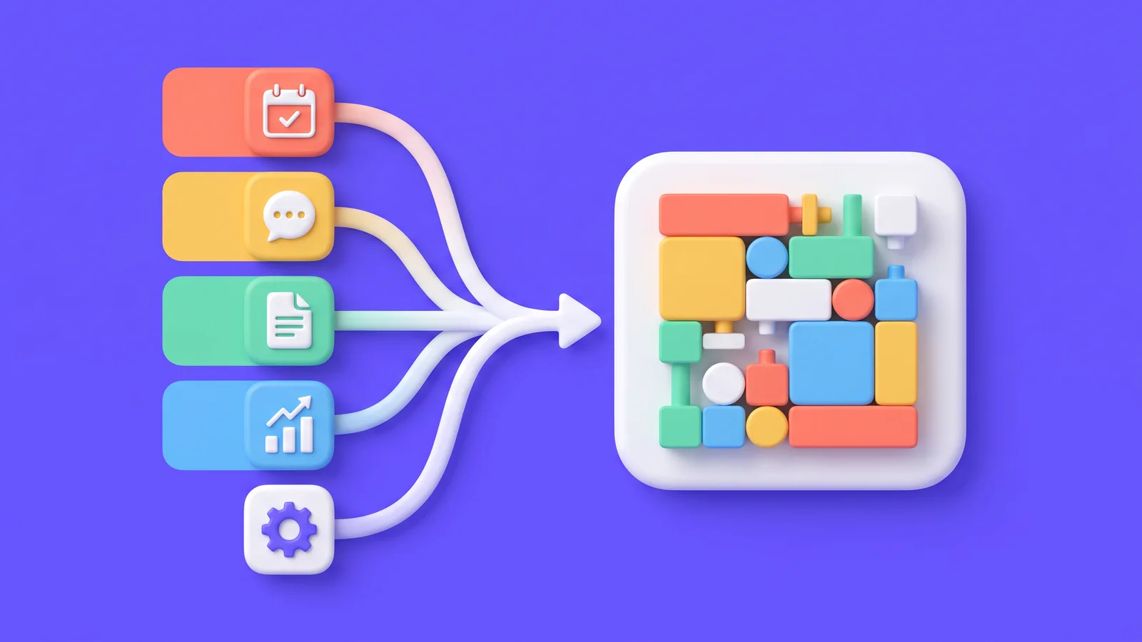 Custom software vs SaaS: five separate apps merging into one system built from blocks